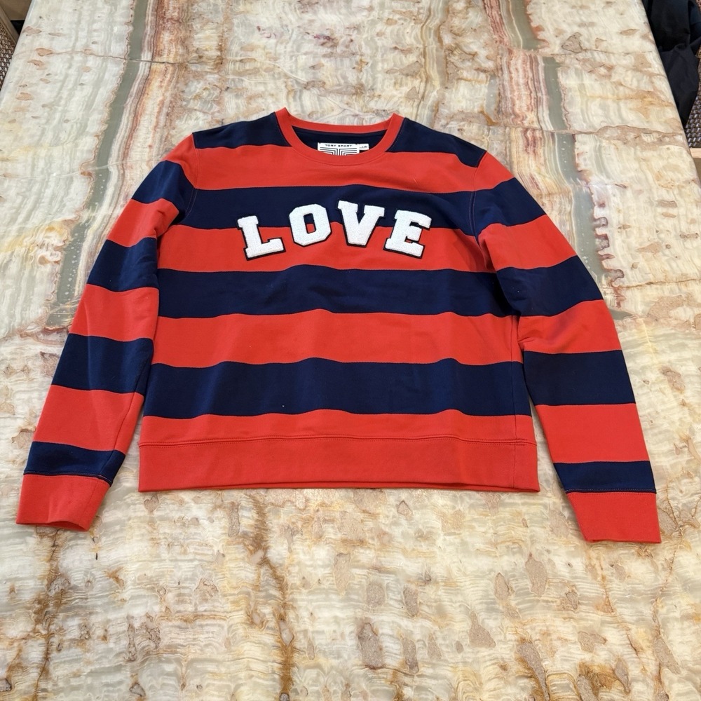 Tory Sport Women's L Red Navy Striped LOVE Sweatshirt Pullover
